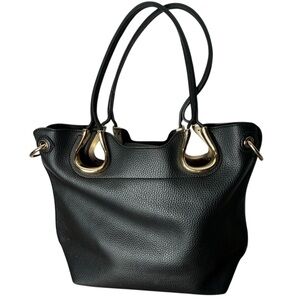 Black Pebbled Shoulder Hobo Tote Bag Metal Hardware Detail Double Handles Snap